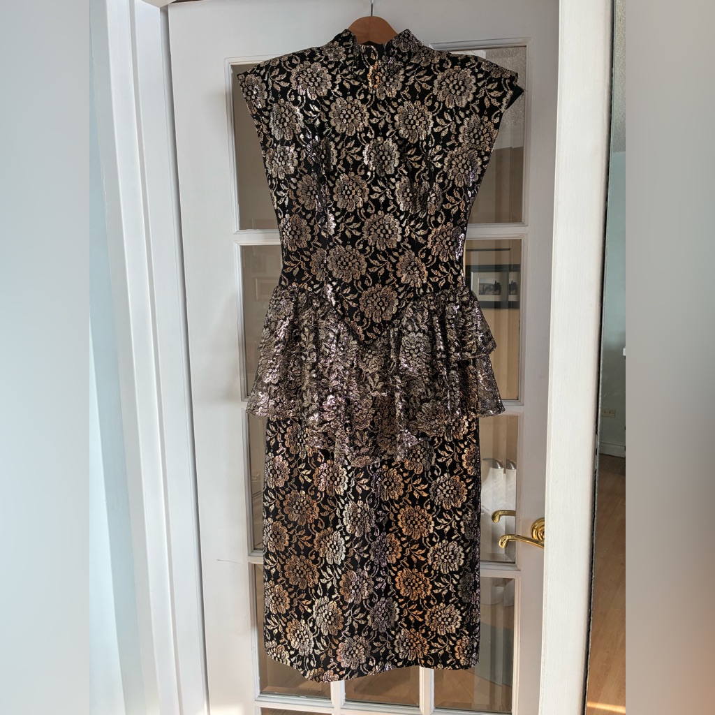 Vintage Nu Mode Black & Gold Lace Peplum Dress